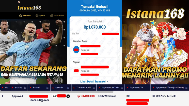 BUKTI KEMENANGAN WD MEMBER ISTANA168 IDR 1.070.000