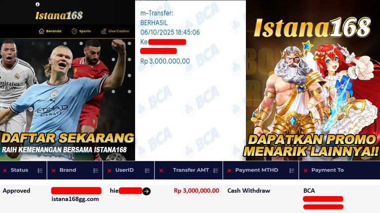 BUKTI KEMENANGAN WD MEMBER ISTANA168 IDR 3.000.000