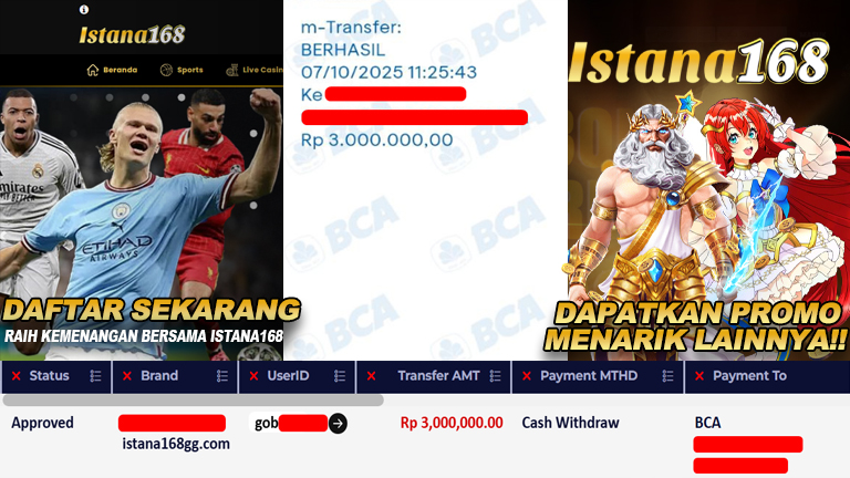 BUKTI KEMENANGAN WD MEMBER ISTANA168 IDR 3.000.000