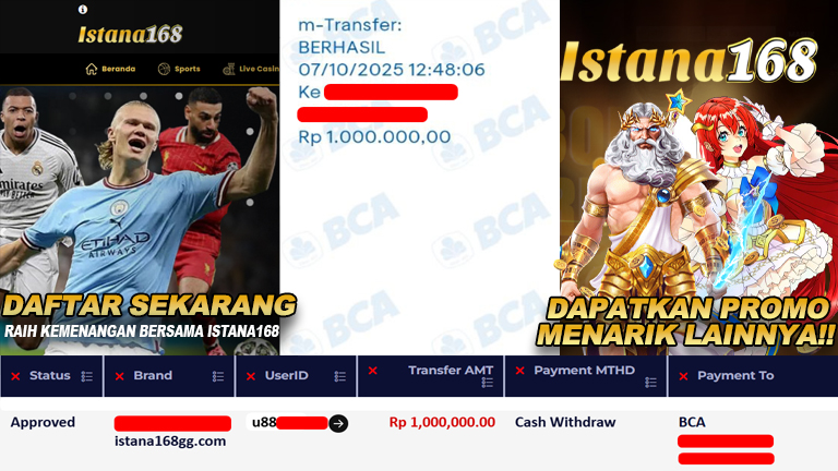 BUKTI KEMENANGAN WD MEMBER ISTANA168 IDR 1.000.000