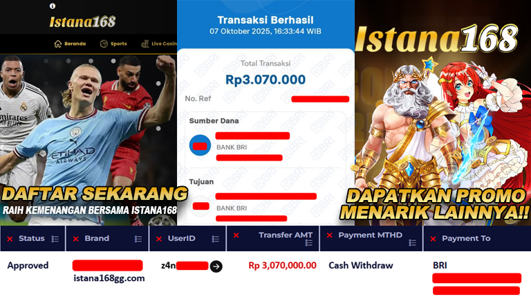 BUKTI KEMENANGAN WD MEMBER ISTANA168 IDR 3.070.000