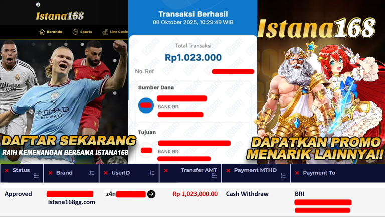 BUKTI KEMENANGAN WD MEMBER ISTANA168 IDR 1.023.000