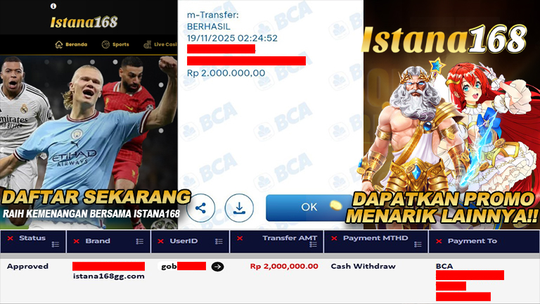 BUKTI KEMENANGAN WD MEMBER ISTANA168 IDR 2.000.000