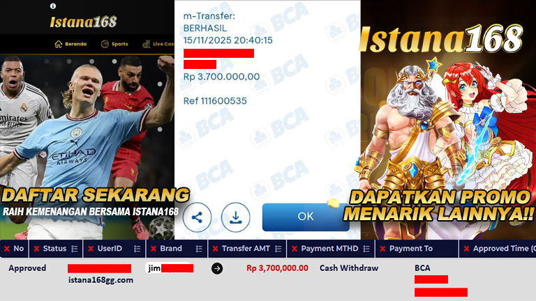 BUKTI KEMENANGAN WD MEMBER ISTANA168 IDR 3.700.000