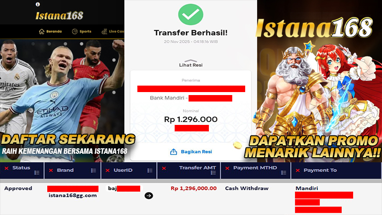 BUKTI KEMENANGAN WD MEMBER ISTANA168 IDR 1.296.000