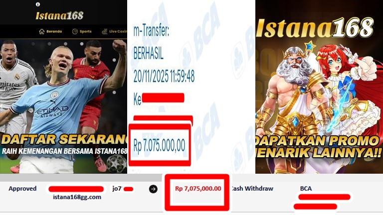 BUKTI KEMENANGAN WD MEMBER ISTANA168 IDR 7.075.000