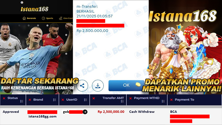 BUKTI KEMENANGAN WD MEMBER ISTANA168 IDR 2.500.000