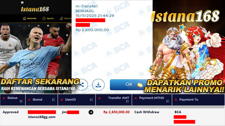 BUKTI KEMENANGAN WD MEMBER ISTANA168 IDR 2.650.000