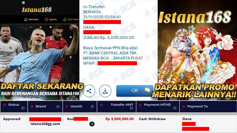 BUKTI KEMENANGAN WD MEMBER ISTANA168 IDR 3.000.000