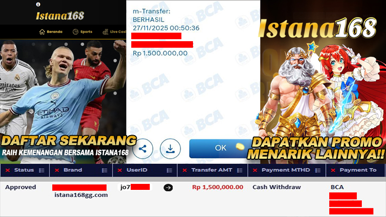 BUKTI KEMENANGAN WD MEMBER ISTANA168 IDR 1.500.000