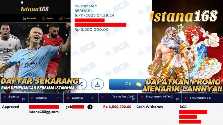 BUKTI KEMENANGAN WD MEMBER ISTANA168 IDR 3.500.000