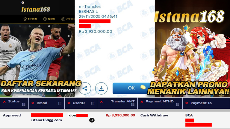 BUKTI KEMENANGAN WD MEMBER ISTANA168 IDR 3.930.000