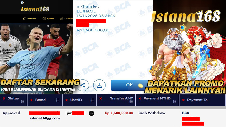 BUKTI KEMENANGAN WD MEMBER ISTANA168 IDR 1.600.000