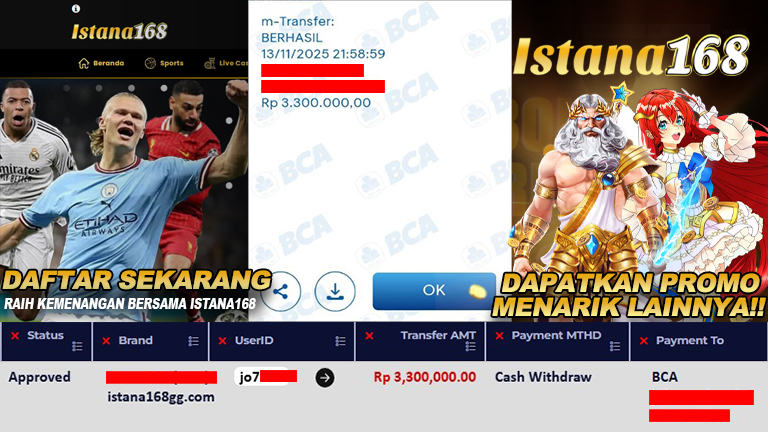 BUKTI KEMENANGAN WD MEMBER ISTANA168 IDR 3.300.000