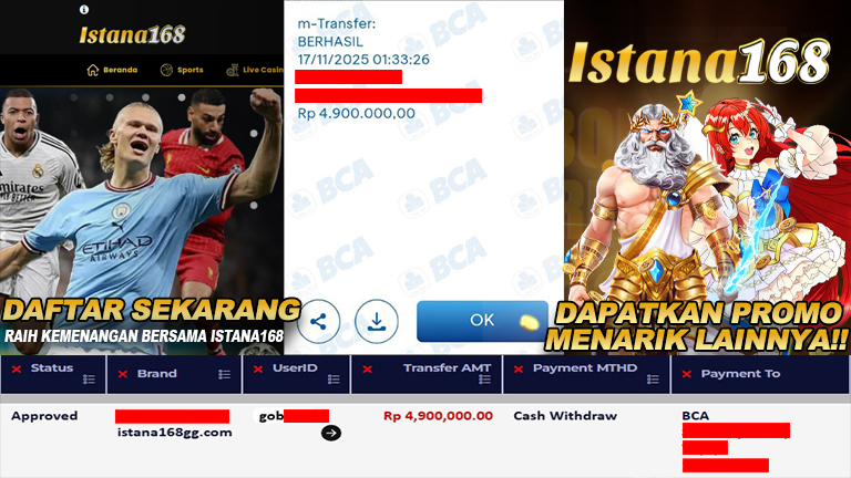 BUKTI KEMENANGAN WD MEMBER ISTANA168 IDR 4.900.000