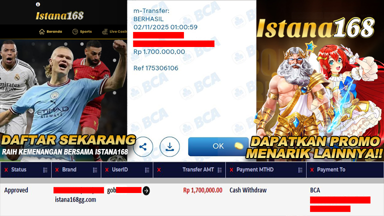 BUKTI KEMENANGAN WD MEMBER ISTANA168 IDR 1.700.000