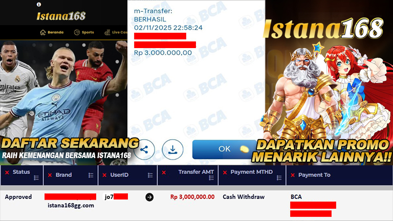 BUKTI KEMENANGAN WD MEMBER ISTANA168 IDR 3.000.000