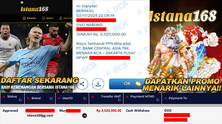 BUKTI KEMENANGAN WD MEMBER ISTANA168 IDR 3.520.000