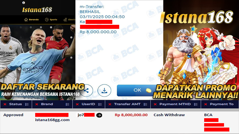 BUKTI KEMENANGAN WD MEMBER ISTANA168 IDR 8.000.000