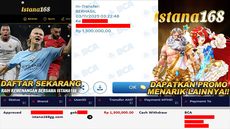 BUKTI KEMENANGAN WD MEMBER ISTANA168 IDR 1.300.000