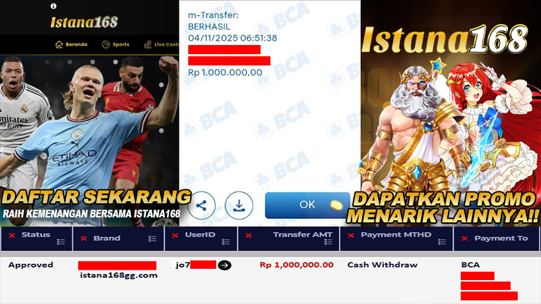 BUKTI KEMENANGAN WD MEMBER ISTANA168 IDR 1.000.000