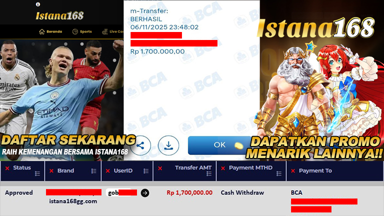BUKTI KEMENANGAN WD MEMBER ISTANA168 IDR 1.700.000