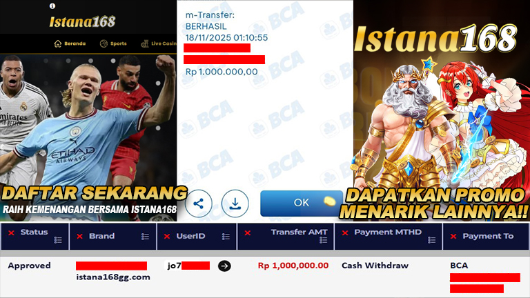 BUKTI KEMENANGAN WD MEMBER ISTANA168 IDR 1.000.000