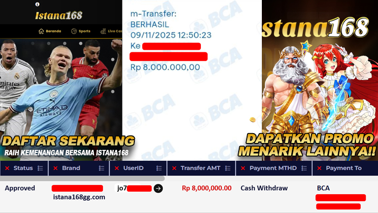 BUKTI KEMENANGAN WD MEMBER ISTANA168 IDR 8.000.000