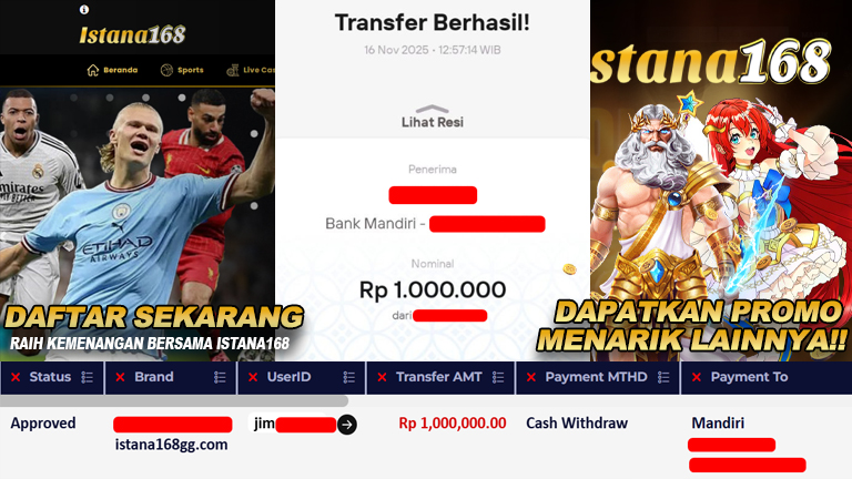 BUKTI KEMENANGAN WD MEMBER ISTANA168 IDR 1.000.000