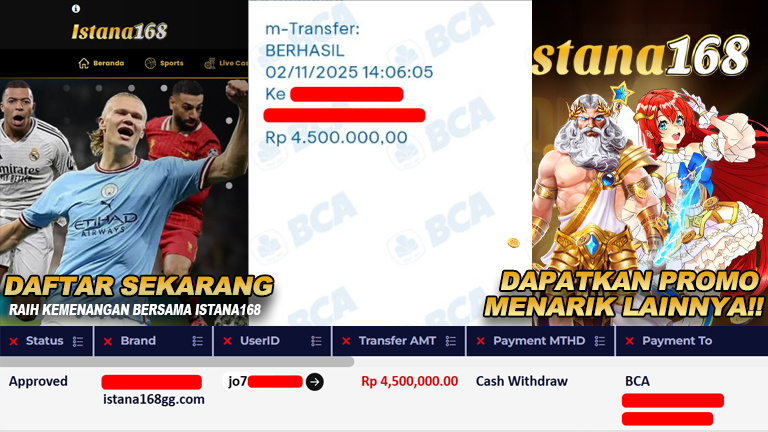 BUKTI KEMENANGAN WD MEMBER ISTANA168 IDR 4.500.000