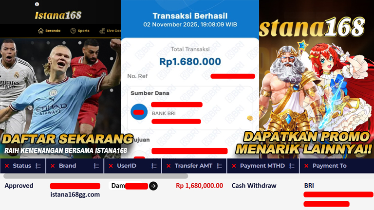 BUKTI KEMENANGAN WD MEMBER ISTANA168 IDR 1.680.000