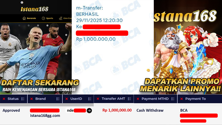 BUKTI KEMENANGAN WD MEMBER ISTANA168 IDR 1.000.000