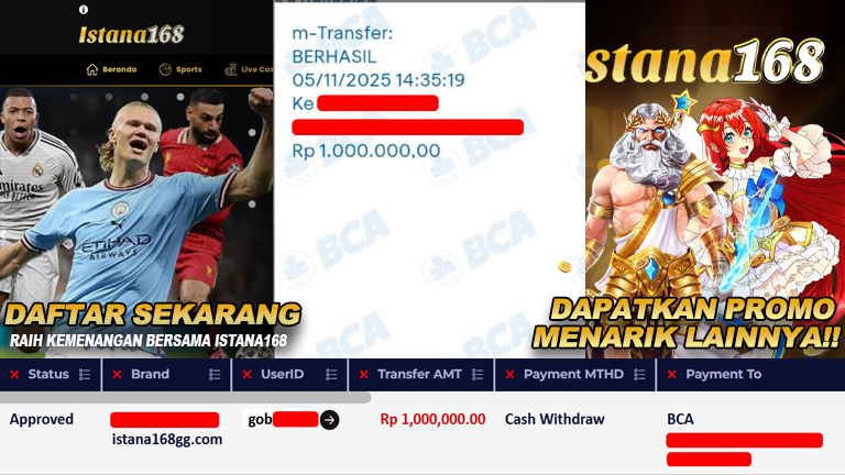 BUKTI KEMENANGAN WD MEMBER ISTANA168 IDR 1.000.000