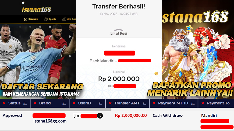 BUKTI KEMENANGAN WD MEMBER ISTANA168 IDR 2.000.000