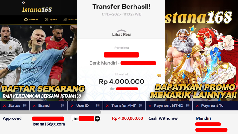 BUKTI KEMENANGAN WD MEMBER ISTANA168 IDR 4.000.000