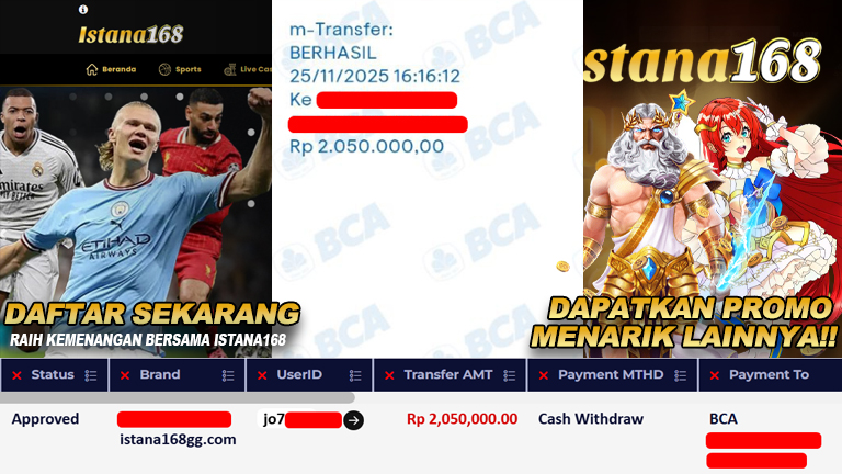 BUKTI KEMENANGAN WD MEMBER ISTANA168 IDR 2.050.000