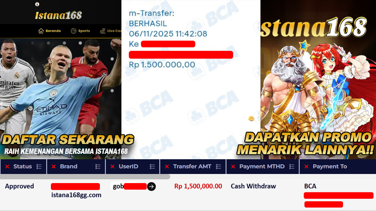 BUKTI KEMENANGAN WD MEMBER ISTANA168 IDR 1.500.000