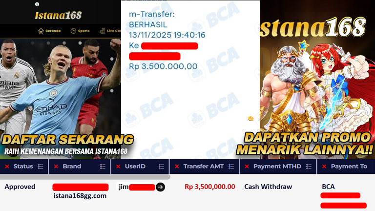 BUKTI KEMENANGAN WD MEMBER ISTANA168 IDR 3.500.000