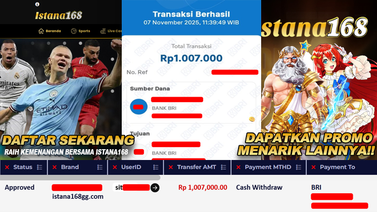 BUKTI KEMENANGAN WD MEMBER ISTANA168 IDR 1.007.000