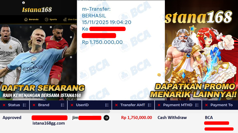 BUKTI KEMENANGAN WD MEMBER ISTANA168 IDR 1.750.000