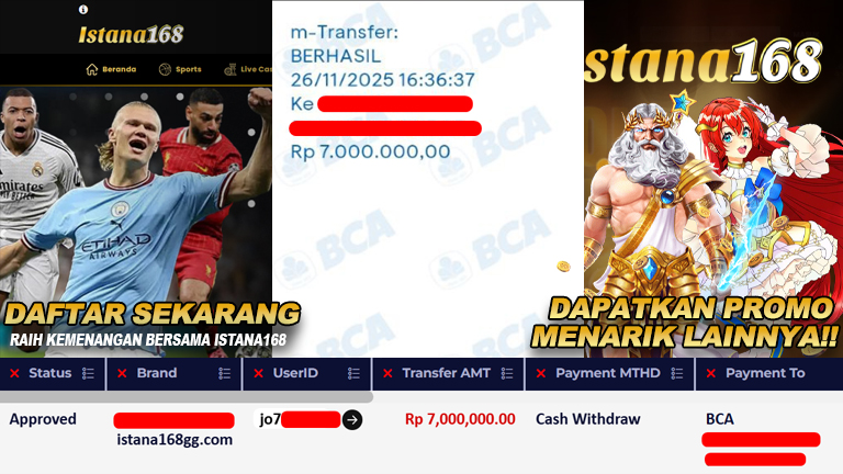 BUKTI KEMENANGAN WD MEMBER ISTANA168 IDR 7.000.000