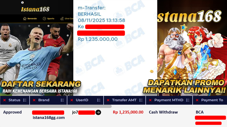 BUKTI KEMENANGAN WD MEMBER ISTANA168 IDR 1.235.000