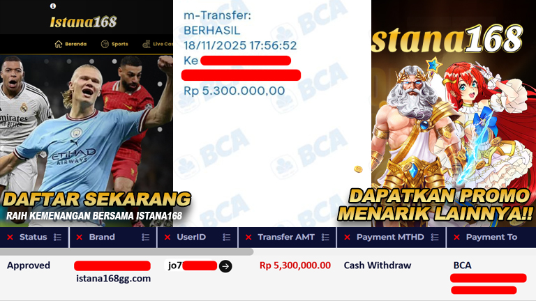 BUKTI KEMENANGAN WD MEMBER ISTANA168 IDR 5.300.000