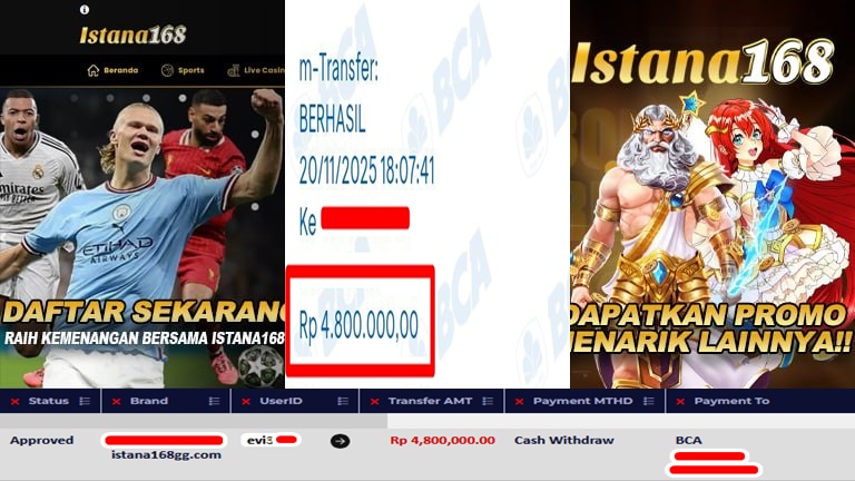 BUKTI KEMENANGAN WD MEMBER ISTANA168 IDR 4.800.000