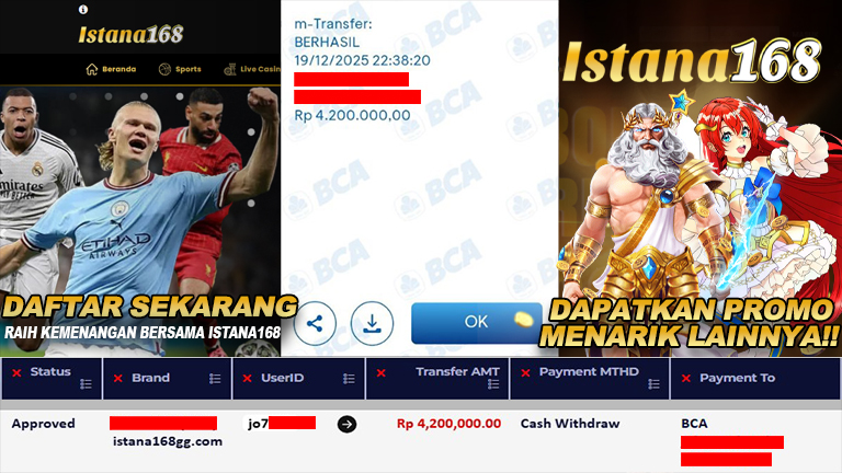 BUKTI KEMENANGAN WD MEMBER ISTANA168 IDR 4.200.0000
