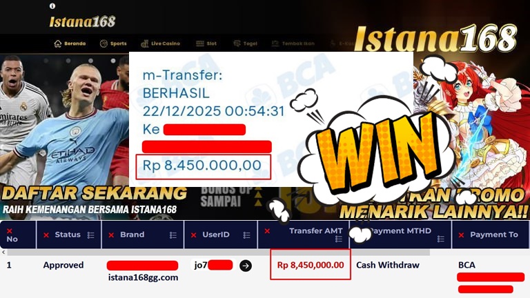 BUKTI KEMENANGAN WD MEMBER ISTANA168 IDR 8.450.000