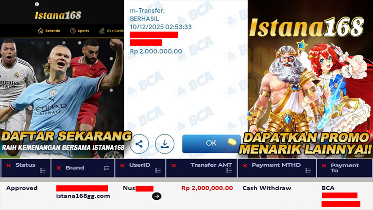 BUKTI KEMENANGAN WD MEMBER ISTANA168 IDR 2.000.000