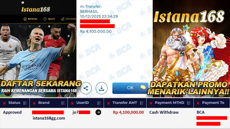 BUKTI KEMENANGAN WD MEMBER ISTANA168 IDR 4.100.000