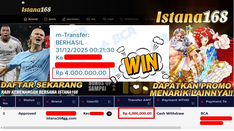 BUKTI KEMENANGAN WD MEMBER ISTANA168 IDR 4.000.000