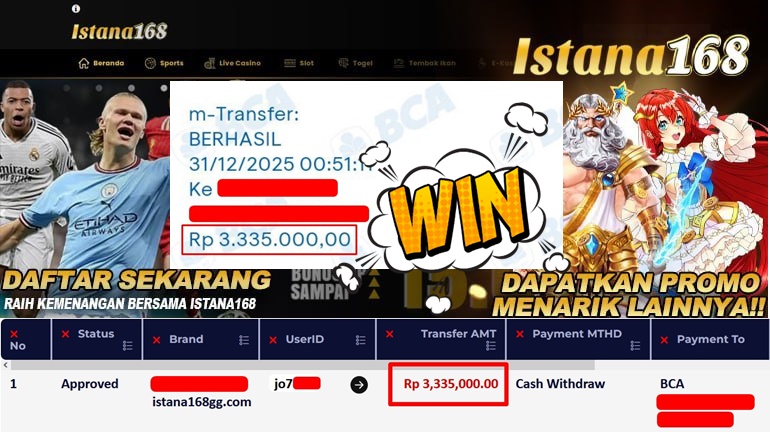 BUKTI KEMENANGAN WD MEMBER ISTANA168 IDR 3.335.000
